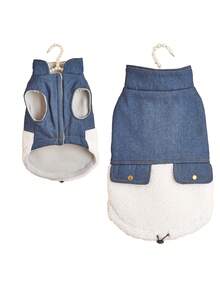 1pc Blue Denim Fleece Patchwork Pet Jacket Vest Suitable For Small Cats/Dogs Autumn Winter Christmas - Navy Blue - View 10