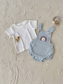 2pcs/Set Baby Boy Cute Rainbow Embroidered Short Sleeve T-Shirt And Bib Overalls Romper, Summer - Blue - View 8
