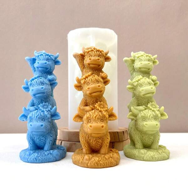 Molde de silicone empilhável para vaca escocesa das Terras Altas, molde de resina líquida, molde de decoração empilhável para família de vacas fofas e realistas, adequado para resina epóxi, gesso, cimento, argila de polímero, decoração de jardim doméstico faça você mesmo