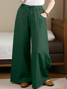 Women's Relaxed Wide Leg Cropped Pants With Pockets, Plus Size Cotton Linen Blend, Lightweight And Breathable, Loose Comfortable Fit, Multiple Color Options, Boho Inspired Style, Simple Versatile Design, Ideal For Everyday Wear, City Walks, Travel Vacations, Work Commute, Back To School Outfits, Casual Date Looks, And Valentine's Day Outfits - 軍綠色 - 查看 3