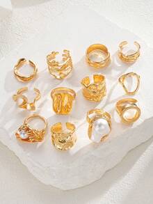 3 件套优雅复古精致派对风格人造珍珠褶边几何金属环套装，几何线条设计适合女性日常、派对、度假穿着，多功能可堆叠，是节日的完美礼物选择 - 款式11 - 查看 5