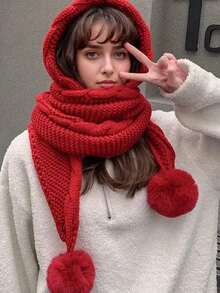 Damen gestrickter Hut mit Schal, süßer Bommel Ohrenschutz, dick & warm, vielseitig für Herbst/Winter