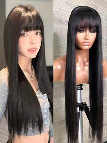 alicegarden 1 Synthetic Heat-Resistant Wig, Black Long Straight Wig With Bangs, 28 Feet Long, Made Of Fiber, Suitable For Daily Use, Natural Simulation Wig