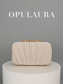 OpulAura 1 件复古优雅缎面褶皱正式派对手拿包，迷人精致的正式活动手提包，奢华盒式小钱包适合派对/婚礼/正式场合，配有可拆卸链条，可肩背或斜挎 - 杏色 - 查看 3
