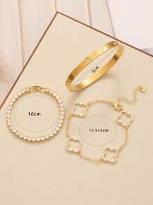 Bộ vòng tay và lắc tay bằng thép không gỉ đính đá Zirconia hình cỏ bốn lá thời trang thanh lịch dành cho nữ, thích hợp đeo hàng ngày, đeo nhiều lần, hẹn hò đôi, phối đồ trong nhiều dịp và làm quà tặng - Vàng - Xem 9