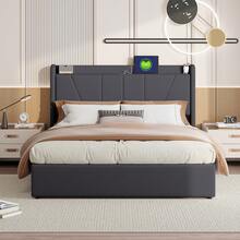 MISNODE Upholstered Bed, Double Bed 140x200/160x200 Cm, Youth Bed With Hydraulic Storage And Slatted Frame, Metal Frame, Modern Bedroom Storage Bed, Without Mattress, Grey, Linen, Suitable For Adults And Teenagers - 灰色 - 查看 3