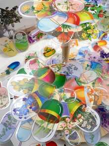 50pcs/Set Cartoon Colorful Flowers Transparent PET Stickers, DIY Decorative Decals For Luggage Laptop Guitar Notebook Water Bottle Phone Stationery Sticker