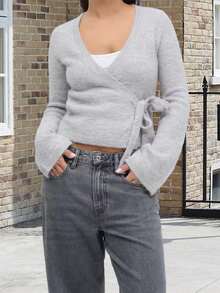 Women Tie Front Wrap Cardigan Solid V Neck Long Sleeve Crop Knit Sweater Casual Fall Clothes - Xám - Xem 4