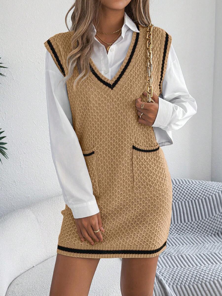 Waffle Knit Sweater Dress, Casual Everyday Commute Wear, Autumn/Winter - Khaki - View 1