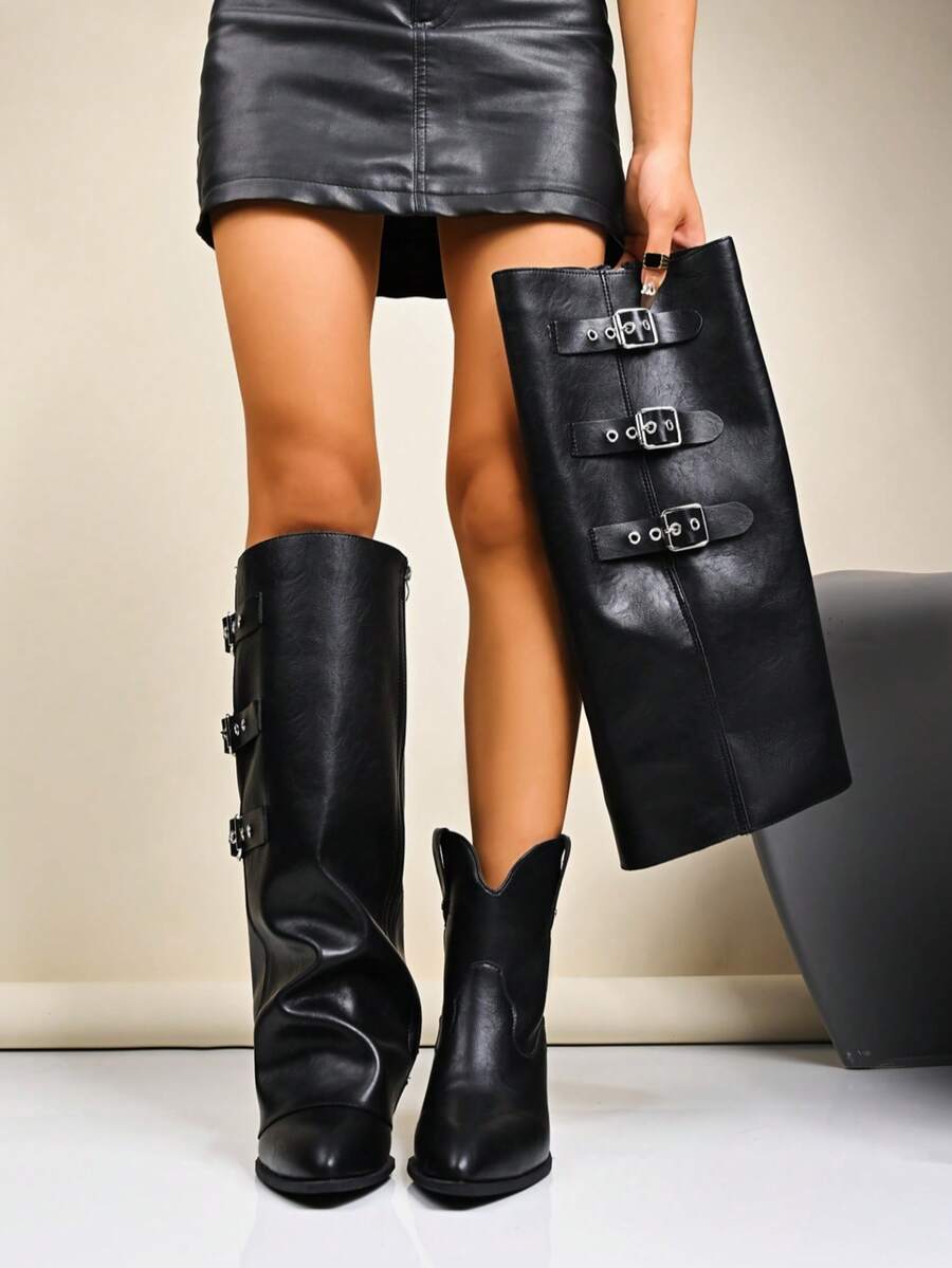 Women's New Autumn/Winter Chunky Heel Pointed Toe Ankle Boots, Fashion Nightclub European & American Style, Fall, Knee-High Boots, Classic Boots, Winter, Autumn, Detachable & Versatile Tall Boots,Party - Black - View 1