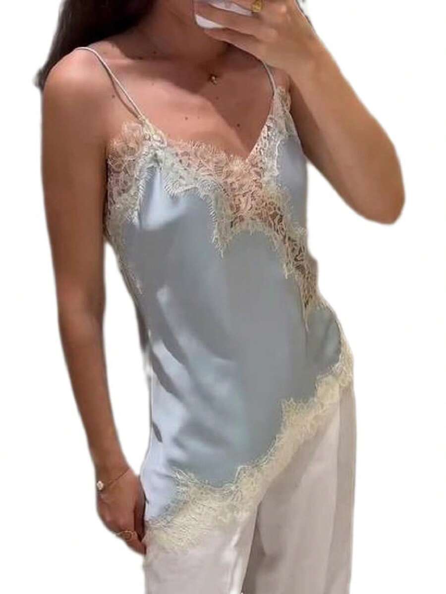 Women Silky Lace Trim Camisole Satin Asymmetrical Cami Top Spaghetti Strap Going Out Side Split Flowy Tunic Tank Top - Màu xanh lam - Xem 1