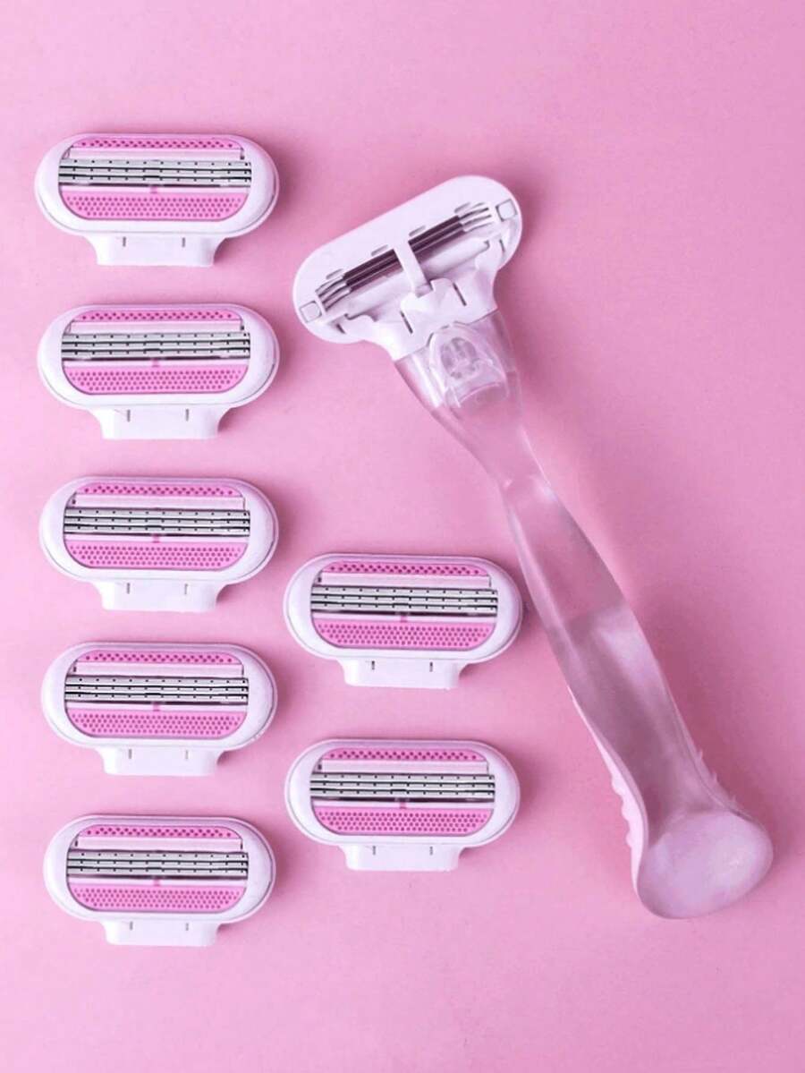 1 个手柄 + 4/8 个刀片套装 女士比基尼手动脱毛工具 3 层不锈钢剃须刀片可更换安全剃须刀片 - 彩色 - 查看 1