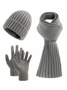 3 件套男士时尚简约纯色条纹针织帽、围巾和手套套装，秋冬季温暖户外运动休闲旅行配件（送给丈夫或男朋友的完美礼物）冬季保暖
