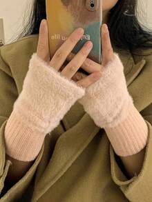 新款貂绒半指手套，女士柔软保暖，冬季奢华纯色毛绒针织露指手套，适合滑雪、登山、骑行、徒步等户外活动，也适合派对、婚礼、圣诞节、万圣节等场合，秋冬季时尚礼品，夏季亦可佩戴。 - 一雙可愛翻蓋露指手套 - 查看 5