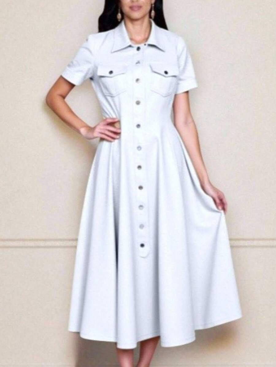 Women's Long Midi Dress With Buttons, Short Sleeves, With Pockets, Tailored Shirt, Elegant, Sensorial, Evangelical Fashion, Accentuated, Chemise 2026 - 白色 - 查看 1