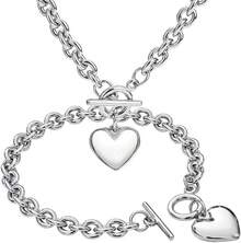 Silver 18k Gold Gold Plated Charm Chunky Stainless Steel Chain Heart Toggle Choker Bracelet Necklace Set Womens Fashion Valentine Jewelry Set - 不銹鋼 - 查看 1