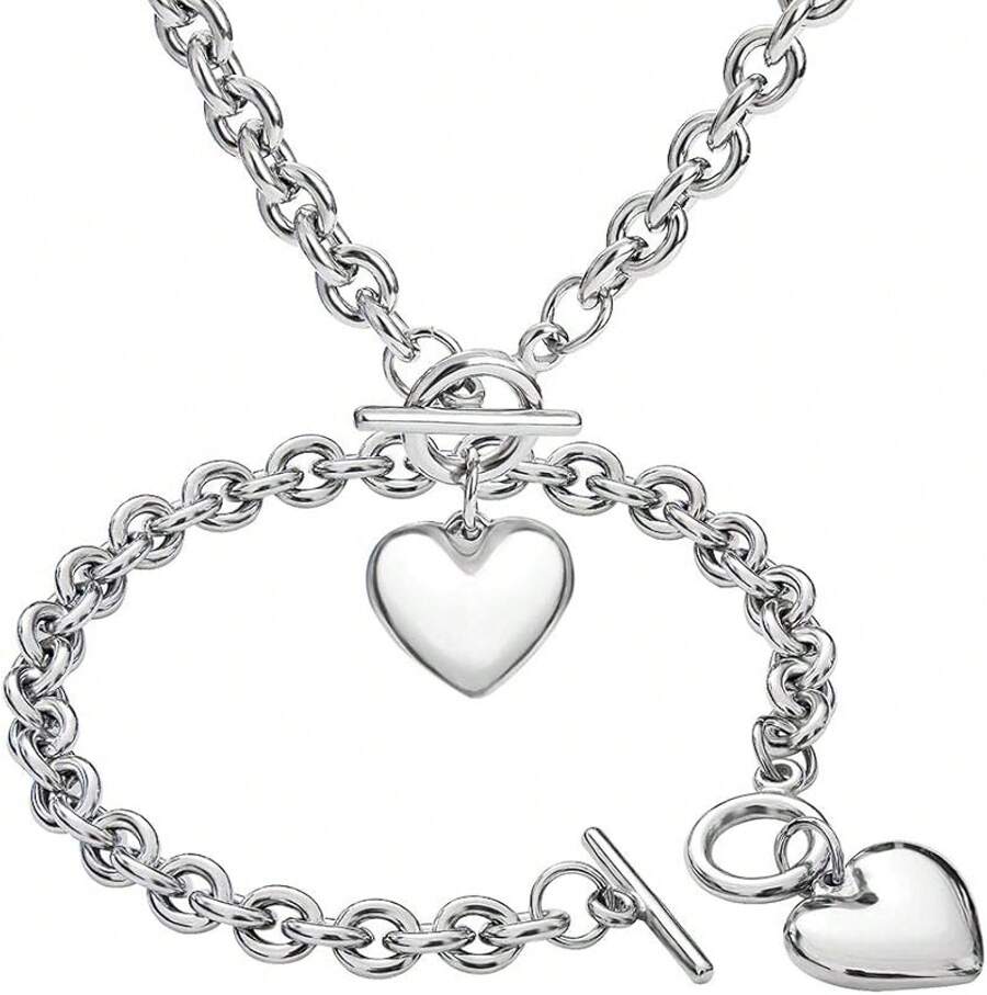 Silver 18k Gold Gold Plated Charm Chunky Stainless Steel Chain Heart Toggle Choker Bracelet Necklace Set Womens Fashion Valentine Jewelry Set - 不銹鋼 - 查看 1