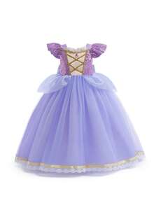 小女孩紫色亮片盖袖网眼公主裙，适合派对