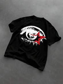 Men's Cotton T-Shirt - Eye & Star Graphic Print, Black & Red Design, Short Sleeve Round Neck, Summer Casual Tee, Streetwear Style, Machine Washable, Vintage & , Streetwear - 黑色 - 查看 1