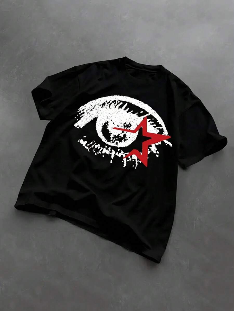 Men's Cotton T-Shirt - Eye & Star Graphic Print, Black & Red Design, Short Sleeve Round Neck, Summer Casual Tee, Streetwear Style, Machine Washable, Vintage & , Streetwear - 黑色 - 查看 1