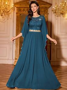 MIUSOL Đầm maxi dự tiệc trang trọng bằng chiffon, cổ tròn, tay cánh bướm, viền bèo nhún, đính sequin và ren hoa. - Màu xanh bụi bặm - Xem 5