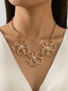 1 件夸张时尚大花朵不对称空心花瓣仿珍珠雄蕊重叠设计吊坠项链，适合女士，适合日常佩戴和派对，是送给女友、家人、朋友、姐妹的绝佳礼物 - 金色 - 查看 1