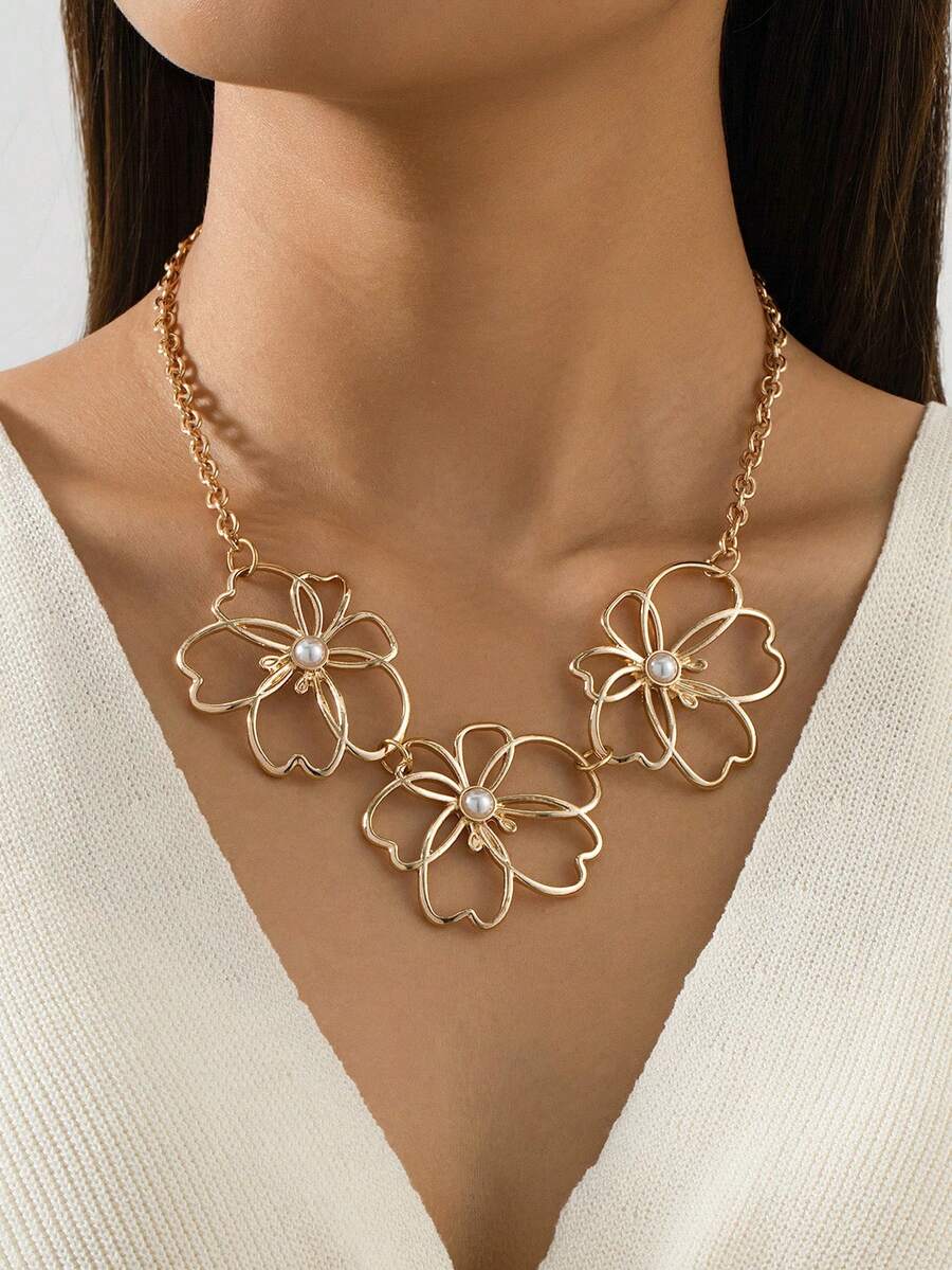 1 件夸张时尚大花朵不对称空心花瓣仿珍珠雄蕊重叠设计吊坠项链，适合女士，适合日常佩戴和派对，是送给女友、家人、朋友、姐妹的绝佳礼物 - 金色 - 查看 1
