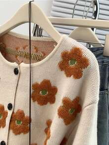 Ladies' Fashion Knit Cardigan - Round Neck, Floral Embroidery & Button Front, Casual Loose Fit