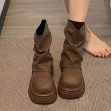Nuevas botas cortas de mujer para otoño 2025, con suela gruesa y aumento de altura, zapatos de mujer - Marrón - Ver 1