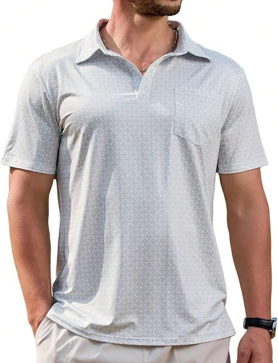 Mens Golf Shirt Short Sleeve Dry Fit Print Moisture Wicking Performance Patterns Collared Polo Shirt With Pocket-2025 - Màu Xám nhạt - Xem 1