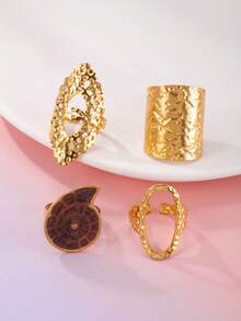 4pcs/Set Stainless Steel Gold Bohemian Style Geometric Shape, Brown Drip Oil Gold Conch Shell Women's Ring Set, Suitable For Beach Vacation Or Gift Collection - Yellow Gold - View 2