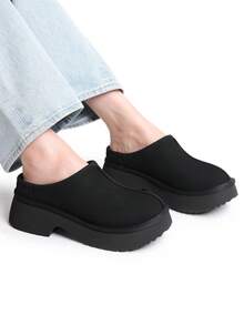 Women Platform Mules Wedge Closed Toe Clogs Faux Suede Slip On Memory Foam Non-Slip Lightweight Casual Slippers Shoes Autumn Winter - 黑色 - 查看 5