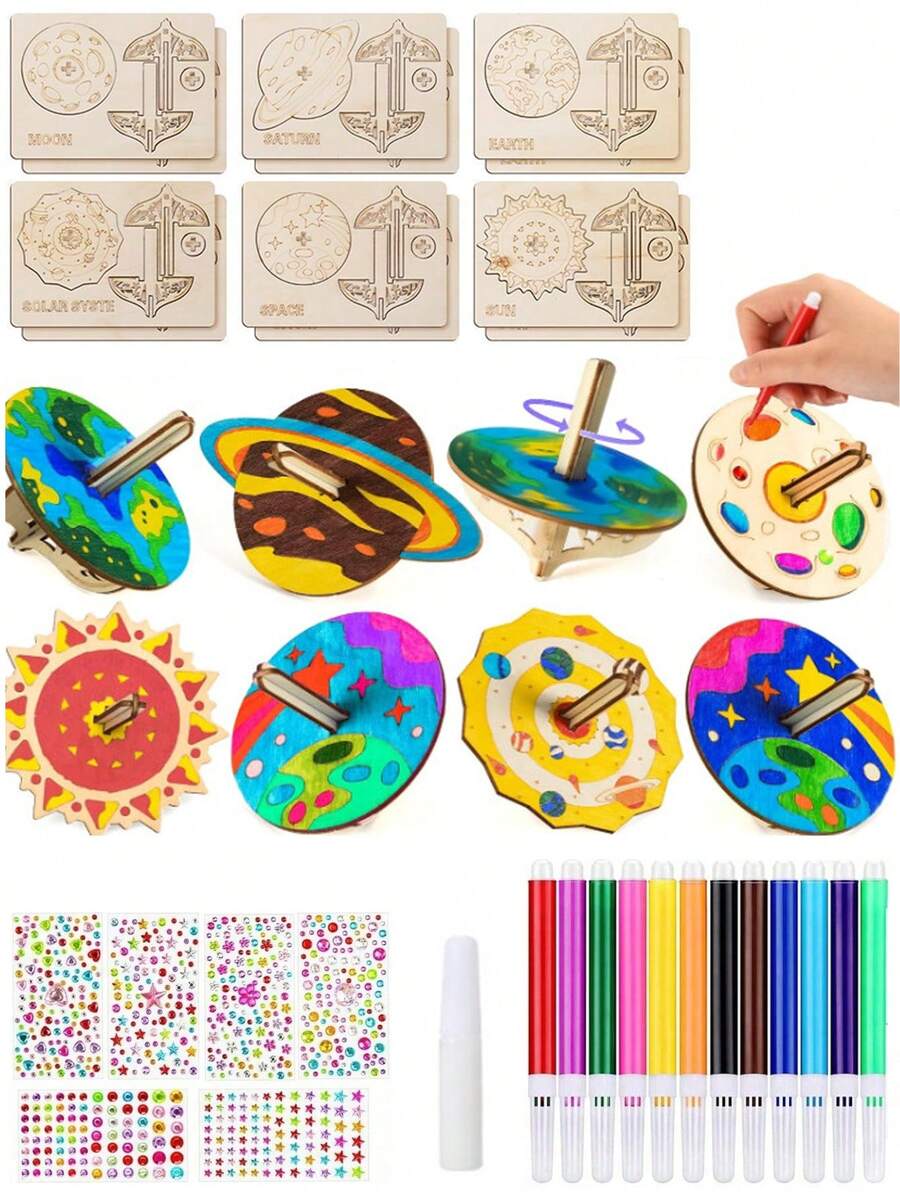 6/12 件木制工艺品套装、用于绘画和工艺品的陀螺木制工艺品套装、未完成的木制工艺品套装、DIY 可涂漆陀螺、无需电力、适用于圣诞节、万圣节和感恩节活动的创意艺术和工艺品套件 - 彩色 - 查看 1