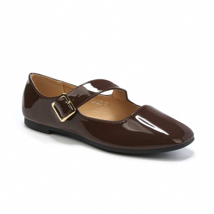 Zapatos planos de mujer con diseño de hebilla, unicolor brillante, con cordones, adecuados para la oficina y el hogar - Marrón - Ver 1