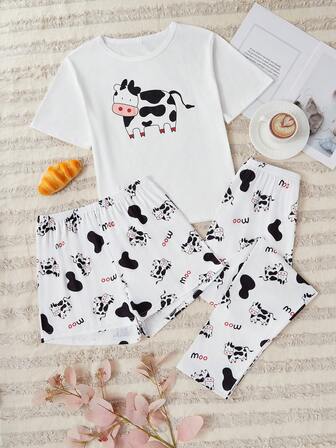 3-delat pyjamasset med komönster, rund halsringad kortärmad t-shirt + shorts med resår i midjan + avslappnade loungebyxor, bekväma sovkläder, dampyjamas och loungekläder