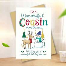1pc Festive Christmas Card For Cousin - "To A Wonderful Cousin Merry Christmas" Greeting With Reindeer, Snowman & Holiday Decorations - Perfect Family Gift For Winter Celebrations, Holiday Greeting Card|Playful Design|Paper Christmas Card, Christmas Cards
