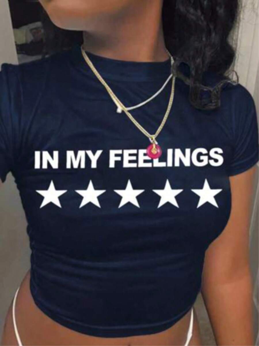 Camiseta de mujer de manga corta y cuello redondo, minimalista y de moda para el verano - Azul - Ver 1
