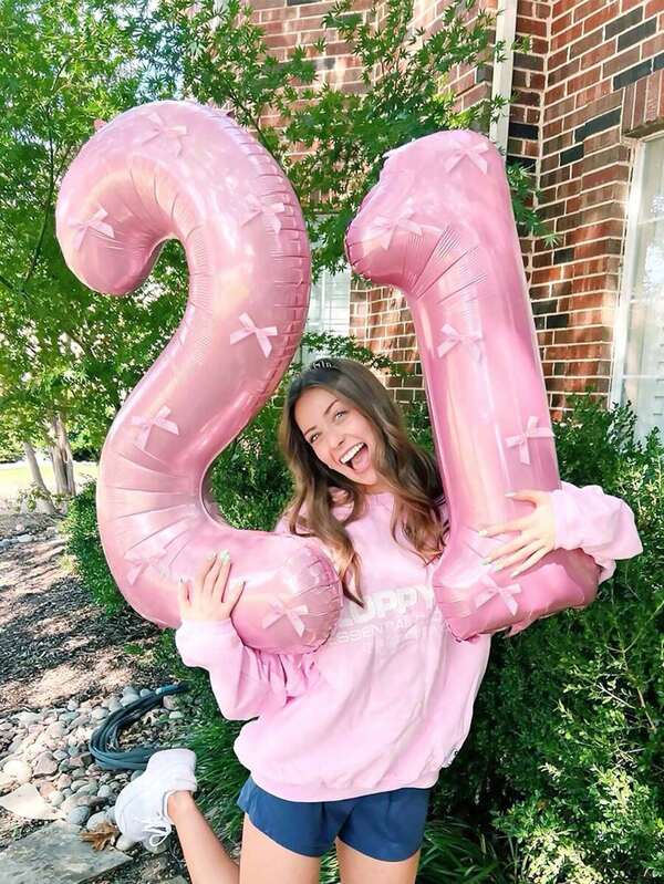 1pc 32-Inch Light Pink Number Foil Balloon & 5pcs Pink Satin Bow Ribbons, Decorative Balloons For Birthday, Anniversary, Party Decor, Photo Shoot, Anniversary, Princess Birthday, Valentine's Day, Family Birthday Party, Shower, Bachelorette Party Decor, Influencer Outdoor Photoshoot Decor, Cute Birthday Decor (Pink Birthday 0-9 Years Old), New Year, Christmas