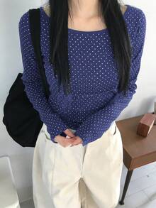Nora Noon 女士情人节休闲印花针织长袖T恤，适合搭配图案T恤、白色上衣，也适合派对、生日和节日穿着。 - 藏蓝色 - 查看 6
