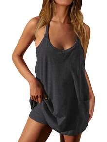 Women's Sleeveless Mini V-Neck Sundress With Spaghetti Straps, Athletic Short Dress With Pockets, Summer Casual Beach Dress For Travel, Dating, And Daily Wear  Holiday  Vacation    Casual - 深灰色 - 查看 1