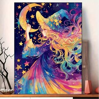 1 pieza Pintura de arte de diamante con chica luna bonita, juego de bruja encantadora de fantasía de dibujos animados, kit de bordado de punto de cruz con piedras rhinestone para decoración del hogar, pasatiempo, manualidades, festival, vacaciones y regalos
