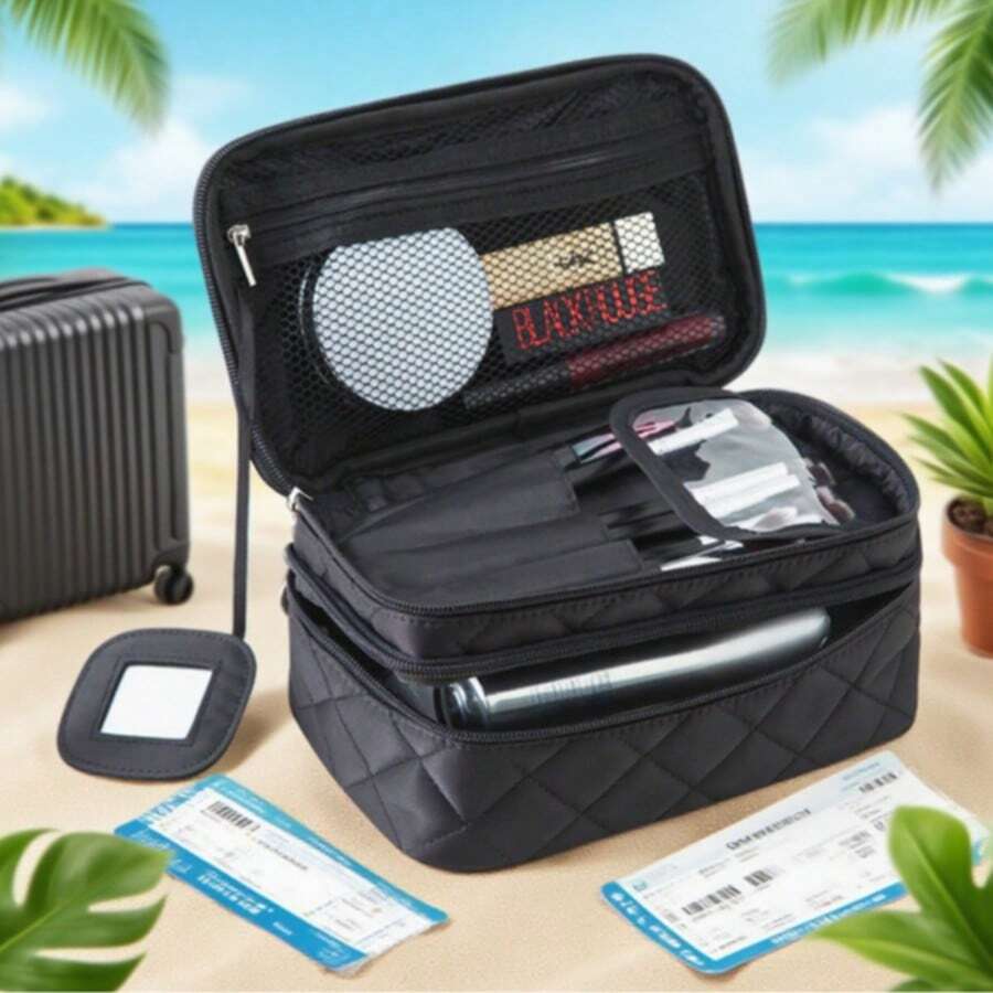 New Diamond-Pattern Makeup Bag And Toiletry Bag - Waterproof Nylon Black Makeup Box With Mirror, Travel Storage Organizer Box - màu đen - Xem 1