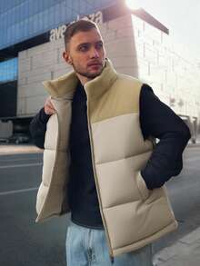 Autumn And Winter Outerwear Splicing Thickened Vest For Men 2025 New Model Tank Top, Horse Clip Thickened Plush Coat, Fall Outfits, Winter Outfits,Stand Collar Youth Vest Warm Slim Cotton Jacket, For Friends, Husband, Boyfriend Gifts - Khaki - View 2