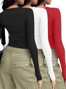 3pcs/Set Women Crew Neck Long Sleeve Solid Color T-Shirts, Fitted Casual Pullover Tops, Spring/Autumn - Multicolor - View 6