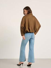 Faux Suede Lapel Loose Fit Flight Jacket - Coffee Brown - View 2