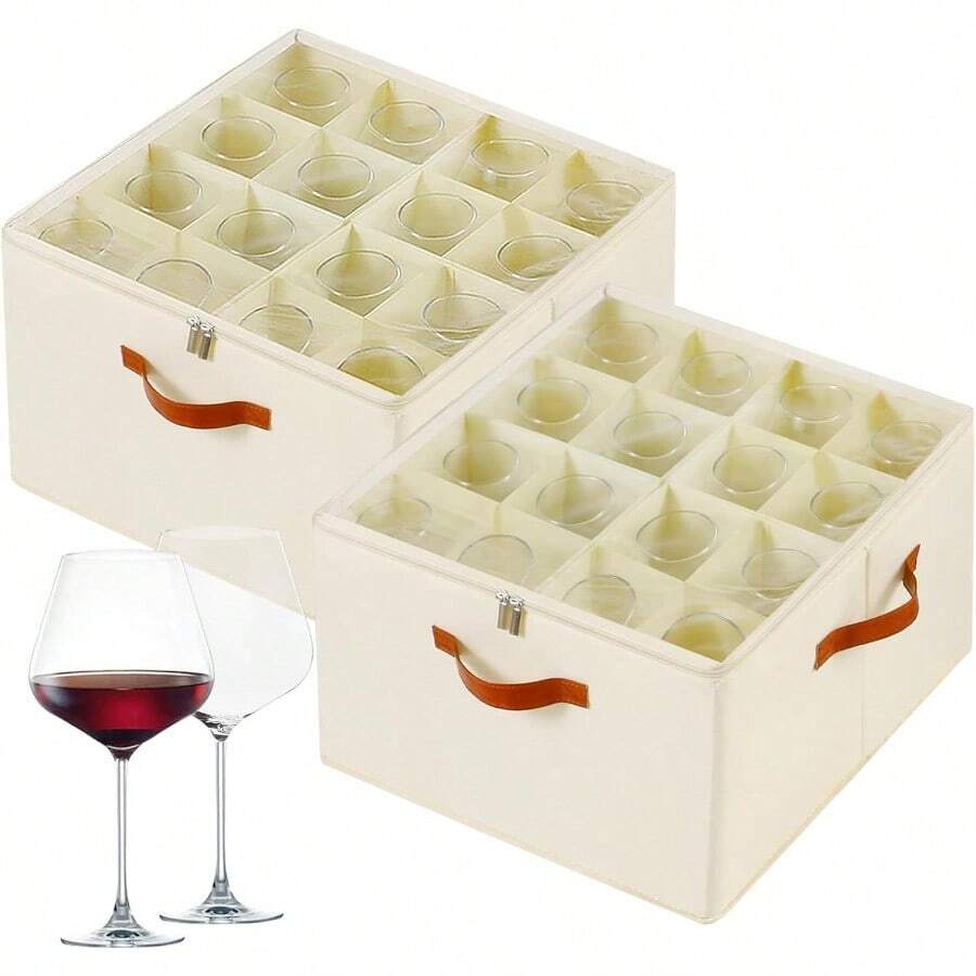 Wine Glass Storage Box With Dividers 2 Pack Glassware Storage Containers Stemware Storage Cases Holds 32 Wine Glasses Stackable Crystal Storage Containers With Clear Cover For MovingBeige - Beige - View 1