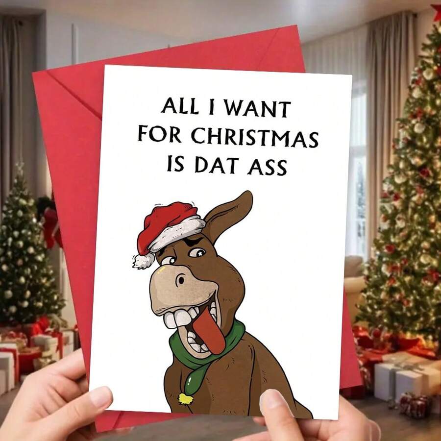 1PC, Christmas Card For Husband Wife, Funny Pun Christmas Card, Donkey Christmas Card For Boyfriend Girlfriend, All I Want For Christmas Is Dat - one-size - View 1