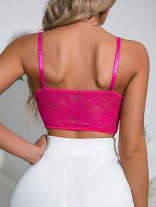 Women's Hot Pink Underwire Boned Strappy Top - Ruffle Lace Cropped Corset - 玫紅色 - 查看 6