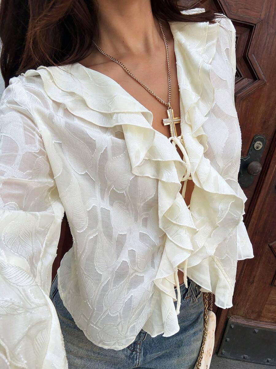 Women's New Jacquard Fabric Long Sleeve Comfortable Versatile Casual Shirt With Tie Bow, Layered Ruffle V Neck Top