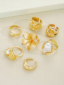 7 件/3 件套优雅复古精致派对风格人造珍珠荷叶边花朵几何粗金属环套装，几何线条设计，适合女性日常、派对、度假穿着，可堆叠，完美的礼物选择